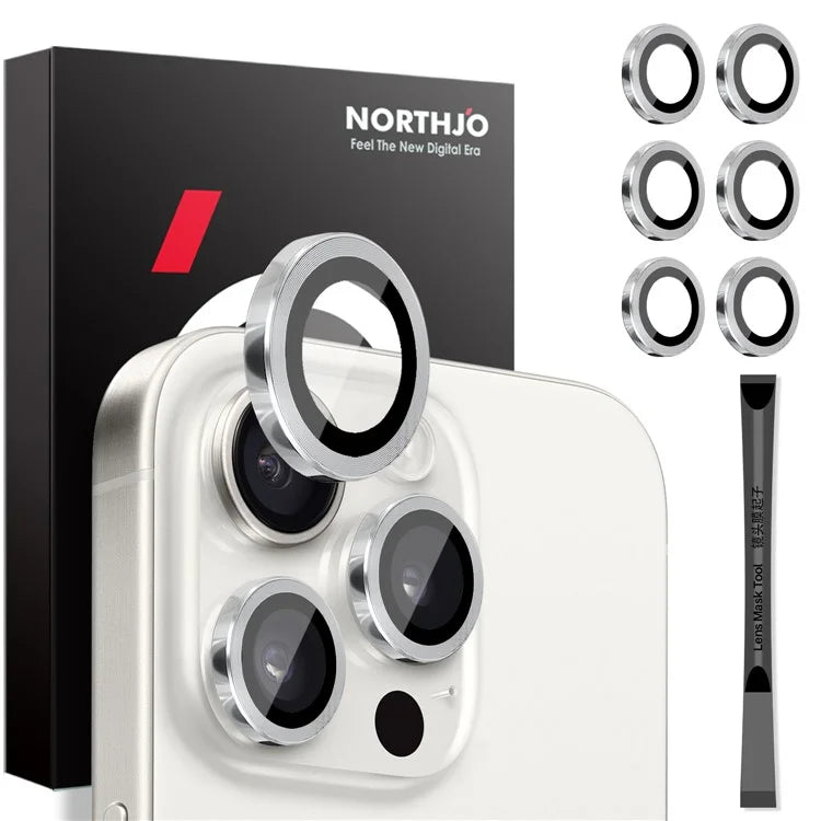 NORTHJO 2 Sets for iPhone 14 Pro / 14 Pro Max / 15 Pro / 15 Pro Max Tempered Glass Lens Protector CD Veins Metal Ring Lens Guard
