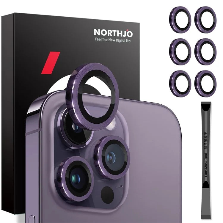 NORTHJO 2 Sets for iPhone 14 Pro / 14 Pro Max / 15 Pro / 15 Pro Max Tempered Glass Lens Protector CD Veins Metal Ring Lens Guard