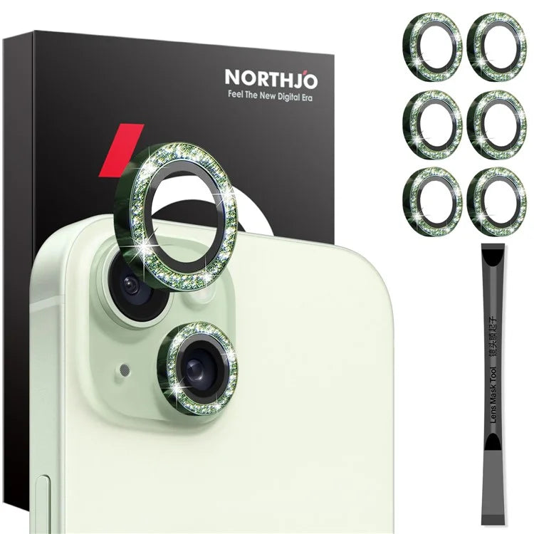 NORTHJO 3 Sets for iPhone 15 / 15 Plus / 14 / 14 Plus Lens Protector Glitter Metal Ring Tempered Glass Lens Film