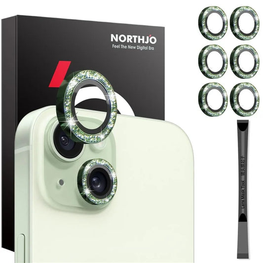 NORTHJO 3 Sets for iPhone 15 / 15 Plus / 14 / 14 Plus Lens Protector Glitter Metal Ring Tempered Glass Lens Film