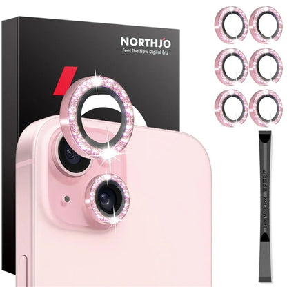 NORTHJO 3 Sets for iPhone 15 / 15 Plus / 14 / 14 Plus Lens Protector Glitter Metal Ring Tempered Glass Lens Film