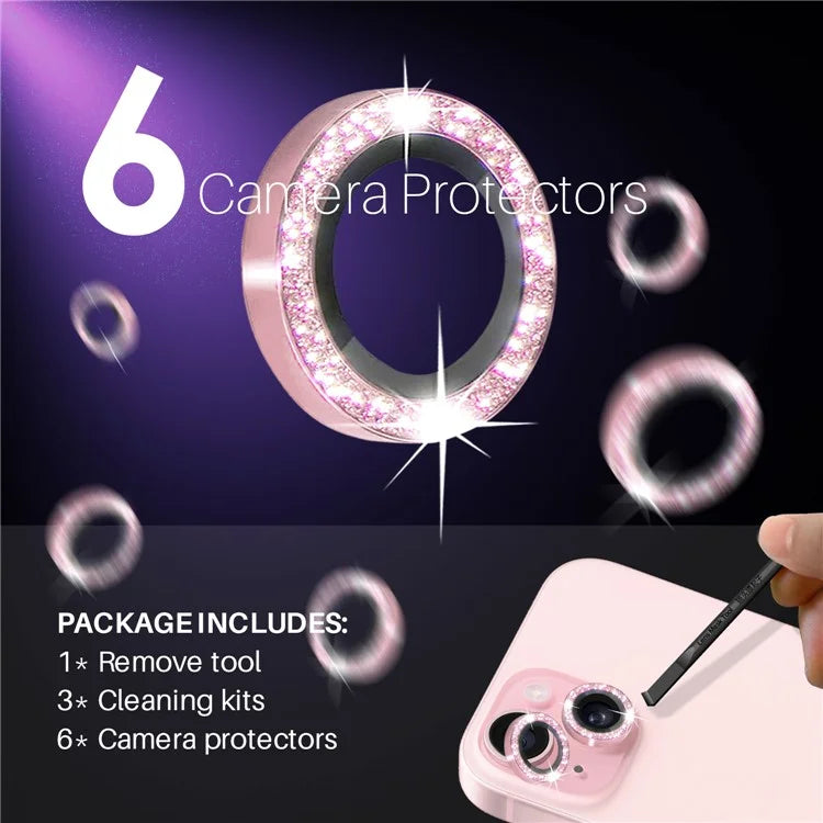 NORTHJO 3 Sets for iPhone 15 / 15 Plus / 14 / 14 Plus Lens Protector Glitter Metal Ring Tempered Glass Lens Film