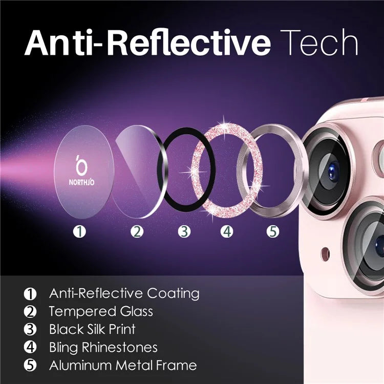 NORTHJO 3 Sets for iPhone 15 / 15 Plus / 14 / 14 Plus Lens Protector Glitter Metal Ring Tempered Glass Lens Film
