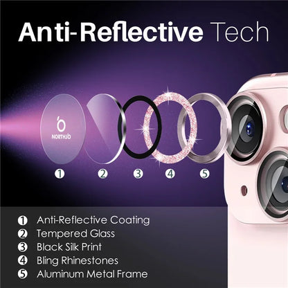 NORTHJO 3 Sets for iPhone 15 / 15 Plus / 14 / 14 Plus Lens Protector Glitter Metal Ring Tempered Glass Lens Film