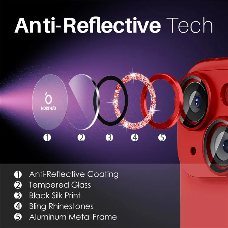 NORTHJO 3 Sets for iPhone 15 / 15 Plus / 14 / 14 Plus Lens Protector Glitter Metal Ring Tempered Glass Lens Film