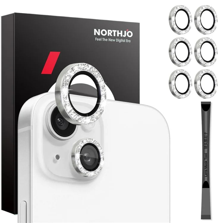 NORTHJO 3 Sets for iPhone 15 / 15 Plus / 14 / 14 Plus Lens Protector Glitter Metal Ring Tempered Glass Lens Film