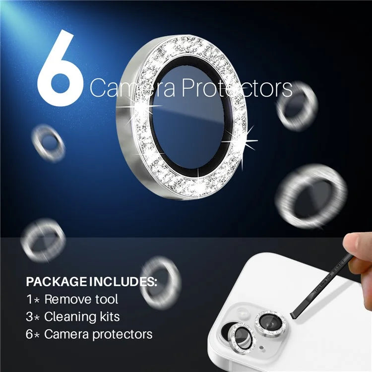 NORTHJO 3 Sets for iPhone 15 / 15 Plus / 14 / 14 Plus Lens Protector Glitter Metal Ring Tempered Glass Lens Film