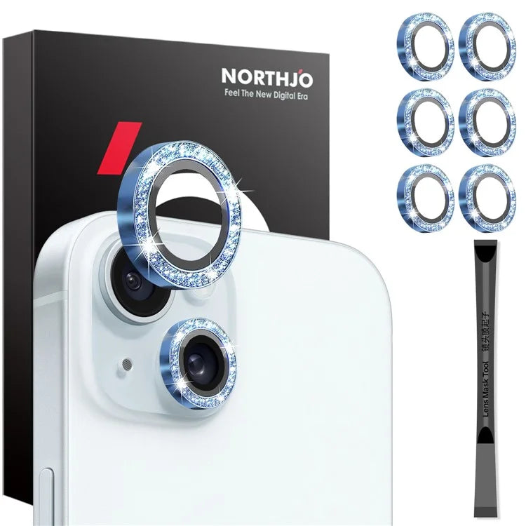NORTHJO 3 Sets for iPhone 15 / 15 Plus / 14 / 14 Plus Lens Protector Glitter Metal Ring Tempered Glass Lens Film