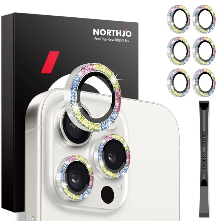 NORTHJO 2 Sets for iPhone 15 Pro / 15 Pro Max / 14 Pro / 14 Pro Max Lens Protector Glitter Ring Tempered Glass Lens Guard