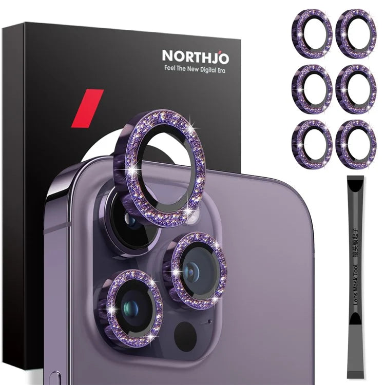 NORTHJO 2 Sets for iPhone 15 Pro / 15 Pro Max / 14 Pro / 14 Pro Max Lens Protector Glitter Ring Tempered Glass Lens Guard