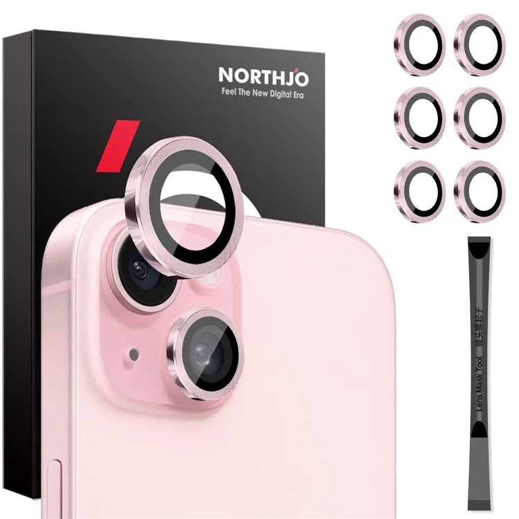 NORTHJO 3 Sets for iPhone 15 / 15 Plus / 14 / 14 Plus Tempered Glass Lens Protector CD Veins Metal Ring Lens Film