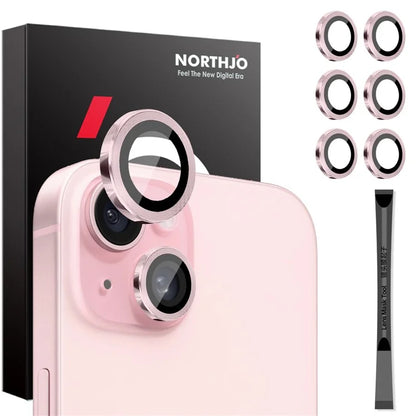 NORTHJO 3 Sets for iPhone 15 / 15 Plus / 14 / 14 Plus Tempered Glass Lens Protector CD Veins Metal Ring Lens Film