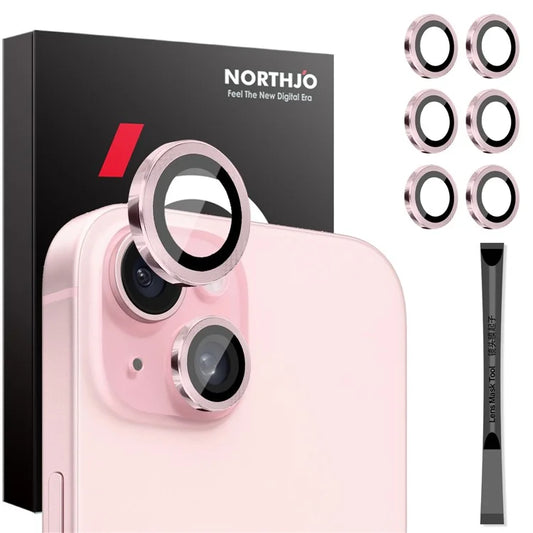 NORTHJO 3 Sets for iPhone 15 / 15 Plus / 14 / 14 Plus Tempered Glass Lens Protector CD Veins Metal Ring Lens Film