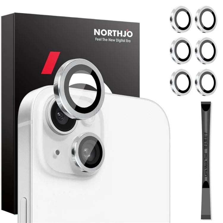 NORTHJO 3 Sets for iPhone 15 / 15 Plus / 14 / 14 Plus Tempered Glass Lens Protector CD Veins Metal Ring Lens Film