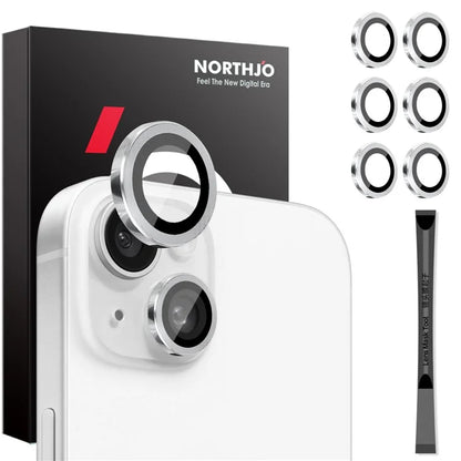 NORTHJO 3 Sets for iPhone 15 / 15 Plus / 14 / 14 Plus Tempered Glass Lens Protector CD Veins Metal Ring Lens Film