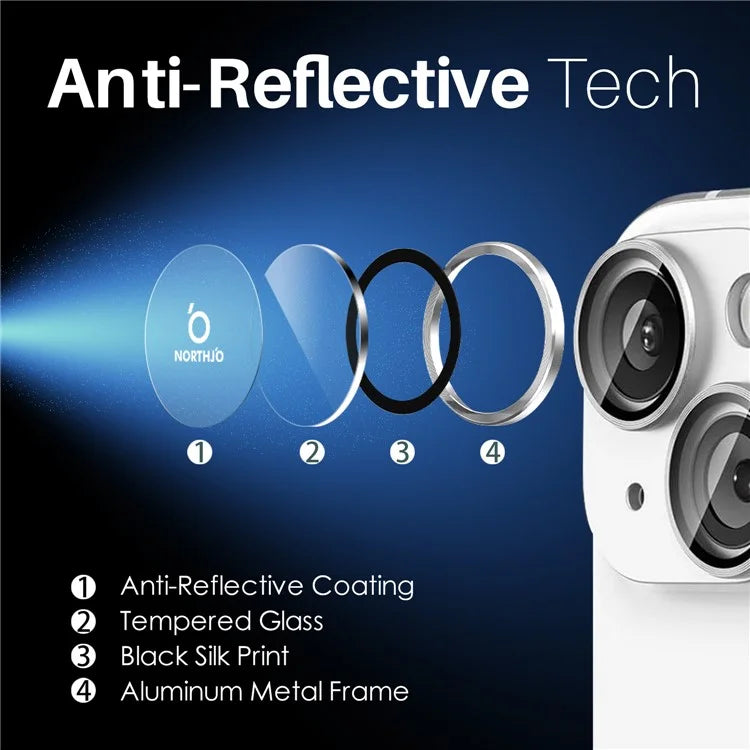 NORTHJO 3 Sets for iPhone 15 / 15 Plus / 14 / 14 Plus Tempered Glass Lens Protector CD Veins Metal Ring Lens Film