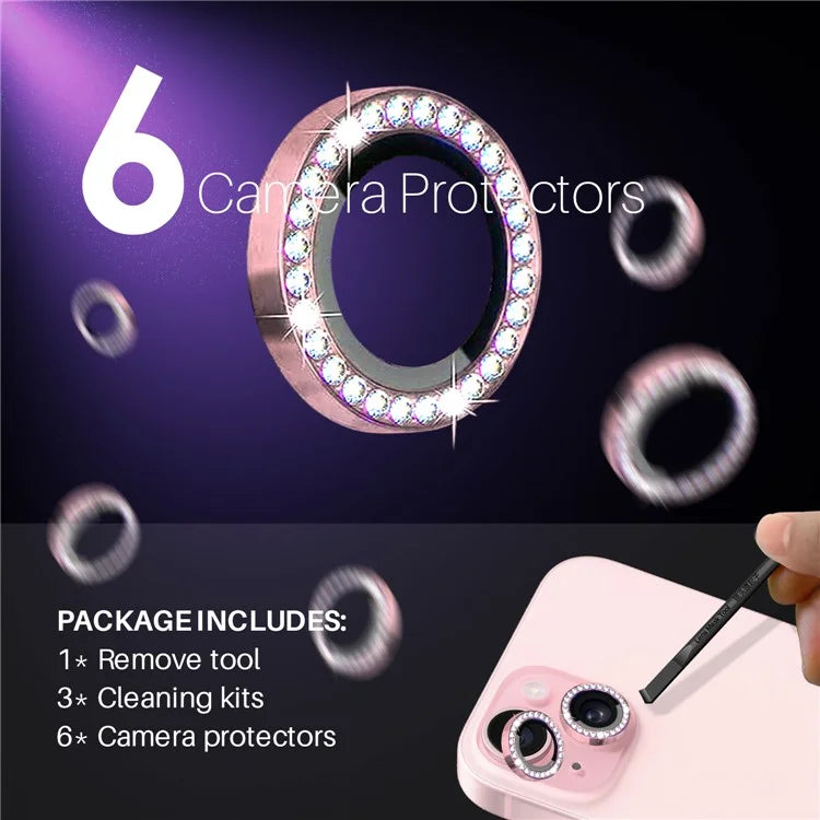 NORTHJO 3 Sets for iPhone 15 / 15 Plus / 14 / 14 Plus Lens Protector Rhinestone Decor Metal+Tempered Glass Lens Film