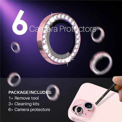NORTHJO 3 Sets for iPhone 15 / 15 Plus / 14 / 14 Plus Lens Protector Rhinestone Decor Metal+Tempered Glass Lens Film