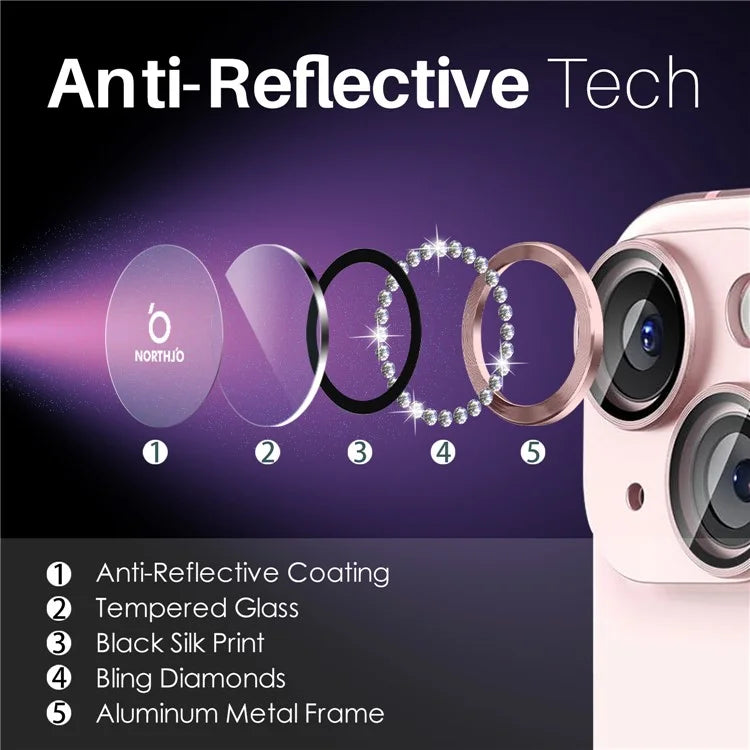 NORTHJO 3 Sets for iPhone 15 / 15 Plus / 14 / 14 Plus Lens Protector Rhinestone Decor Metal+Tempered Glass Lens Film