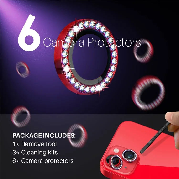 NORTHJO 3 Sets for iPhone 15 / 15 Plus / 14 / 14 Plus Lens Protector Rhinestone Decor Metal+Tempered Glass Lens Film