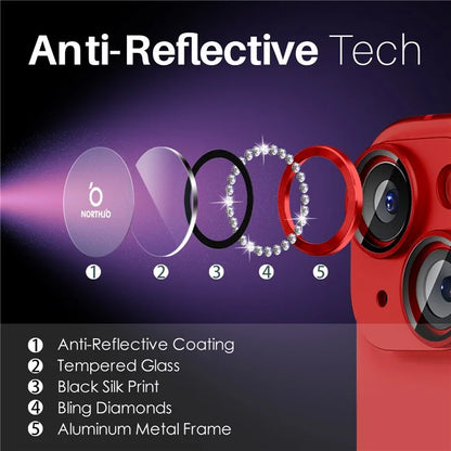 NORTHJO 3 Sets for iPhone 15 / 15 Plus / 14 / 14 Plus Lens Protector Rhinestone Decor Metal+Tempered Glass Lens Film