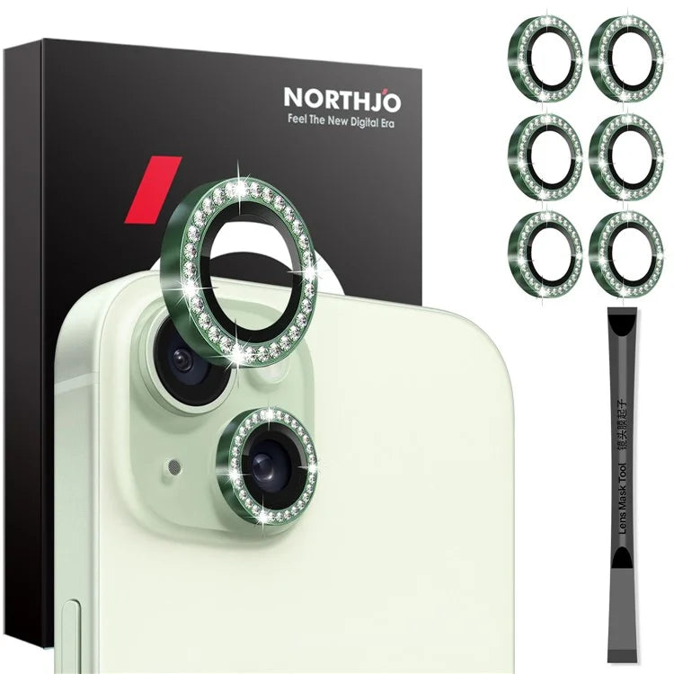NORTHJO 3 Sets for iPhone 15 / 15 Plus / 14 / 14 Plus Lens Protector Rhinestone Decor Metal+Tempered Glass Lens Film