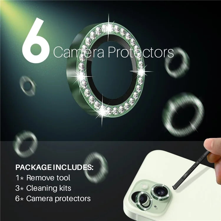 NORTHJO 3 Sets for iPhone 15 / 15 Plus / 14 / 14 Plus Lens Protector Rhinestone Decor Metal+Tempered Glass Lens Film