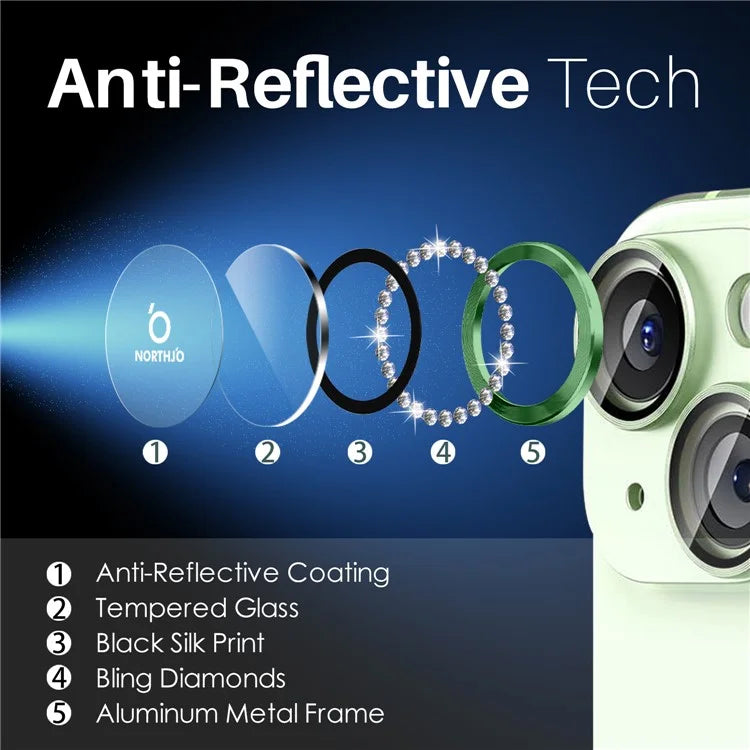 NORTHJO 3 Sets for iPhone 15 / 15 Plus / 14 / 14 Plus Lens Protector Rhinestone Decor Metal+Tempered Glass Lens Film