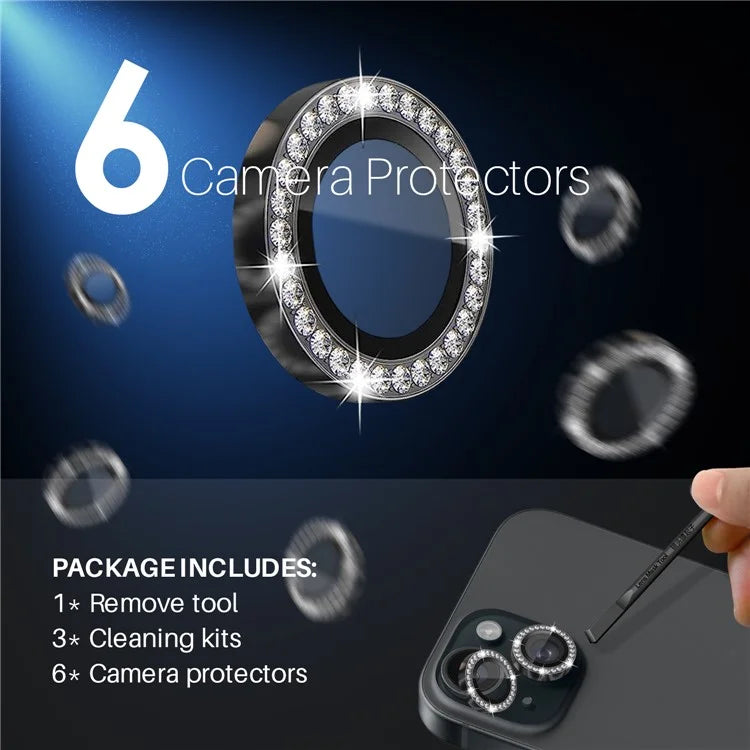 NORTHJO 3 Sets for iPhone 15 / 15 Plus / 14 / 14 Plus Lens Protector Rhinestone Decor Metal+Tempered Glass Lens Film