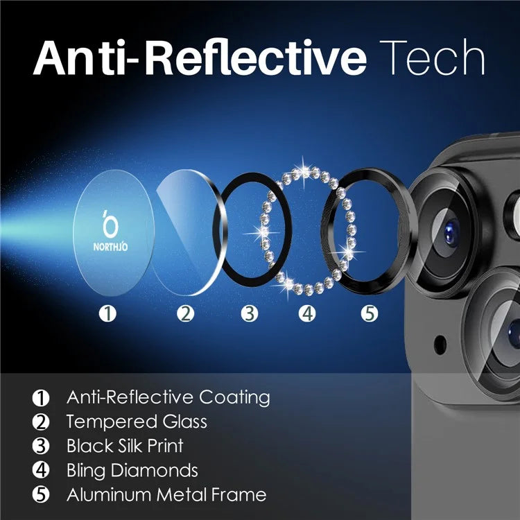 NORTHJO 3 Sets for iPhone 15 / 15 Plus / 14 / 14 Plus Lens Protector Rhinestone Decor Metal+Tempered Glass Lens Film