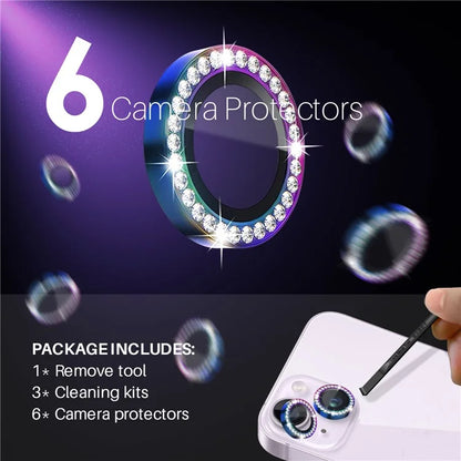 NORTHJO 3 Sets for iPhone 15 / 15 Plus / 14 / 14 Plus Lens Protector Rhinestone Decor Metal+Tempered Glass Lens Film