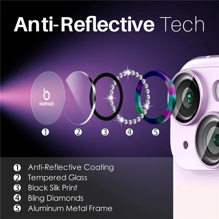 NORTHJO 3 Sets for iPhone 15 / 15 Plus / 14 / 14 Plus Lens Protector Rhinestone Decor Metal+Tempered Glass Lens Film