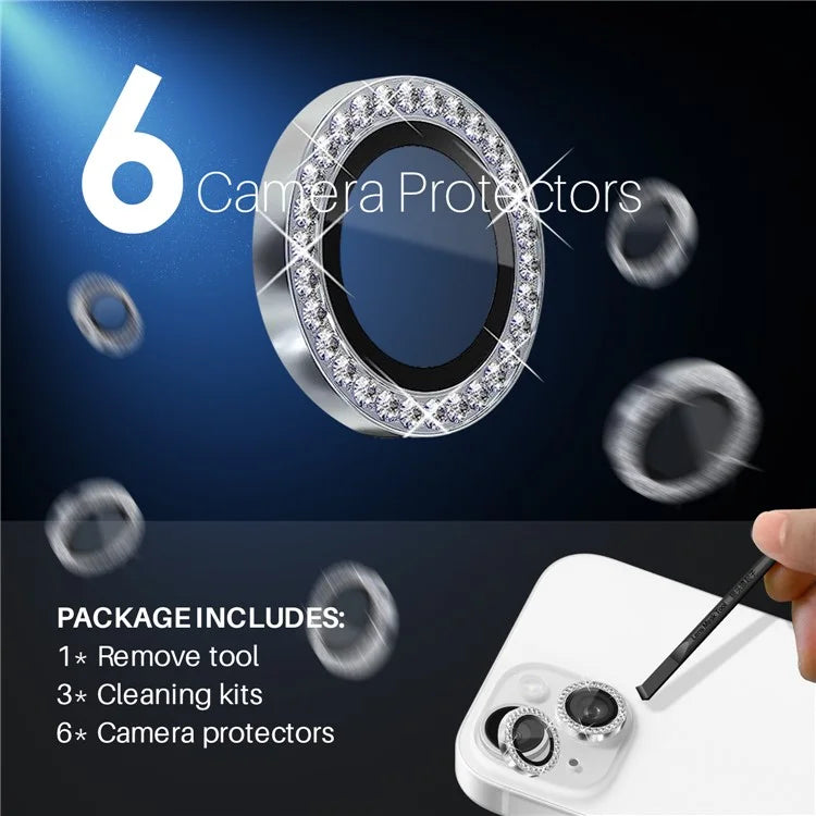 NORTHJO 3 Sets for iPhone 15 / 15 Plus / 14 / 14 Plus Lens Protector Rhinestone Decor Metal+Tempered Glass Lens Film