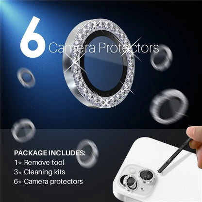NORTHJO 3 Sets for iPhone 15 / 15 Plus / 14 / 14 Plus Lens Protector Rhinestone Decor Metal+Tempered Glass Lens Film