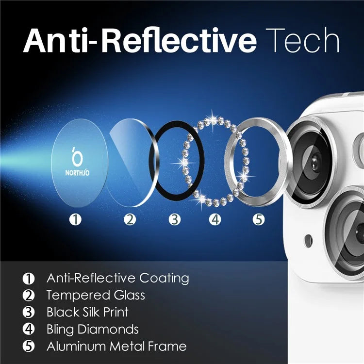 NORTHJO 3 Sets for iPhone 15 / 15 Plus / 14 / 14 Plus Lens Protector Rhinestone Decor Metal+Tempered Glass Lens Film