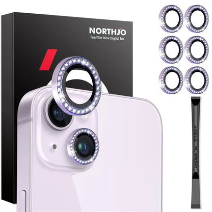 NORTHJO 3 Sets for iPhone 15 / 15 Plus / 14 / 14 Plus Lens Protector Rhinestone Decor Metal+Tempered Glass Lens Film