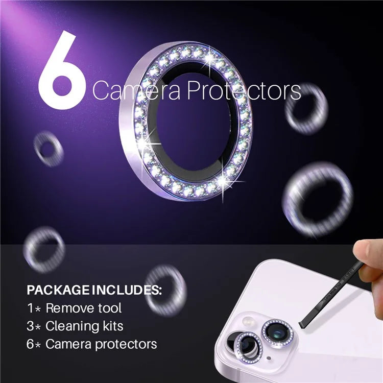 NORTHJO 3 Sets for iPhone 15 / 15 Plus / 14 / 14 Plus Lens Protector Rhinestone Decor Metal+Tempered Glass Lens Film