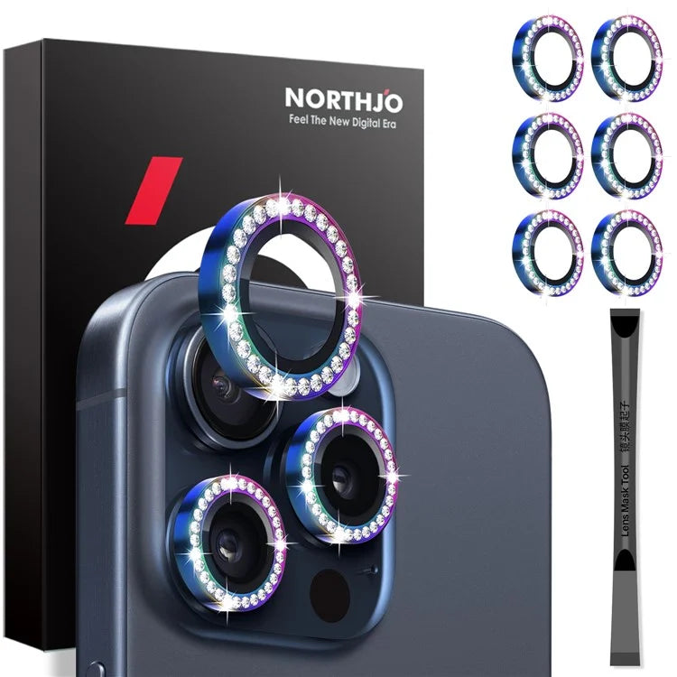 NORTHJO 2 Sets for iPhone 15 Pro / 15 Pro Max / 14 Pro / 14 Pro Max Lens Protector Rhinestone Ring Tempered Glass Lens Film