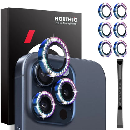 NORTHJO 2 Sets for iPhone 15 Pro / 15 Pro Max / 14 Pro / 14 Pro Max Lens Protector Rhinestone Ring Tempered Glass Lens Film
