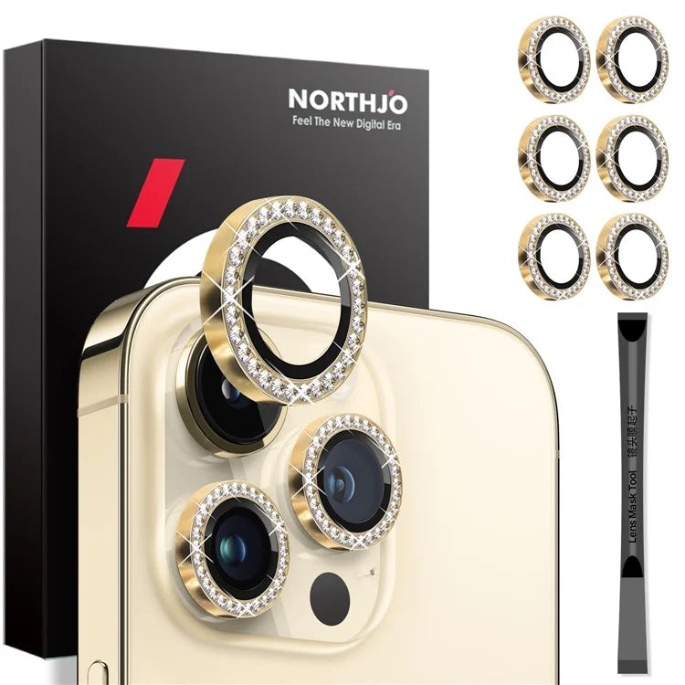 NORTHJO 2 Sets for iPhone 15 Pro / 15 Pro Max / 14 Pro / 14 Pro Max Lens Protector Rhinestone Ring Tempered Glass Lens Film