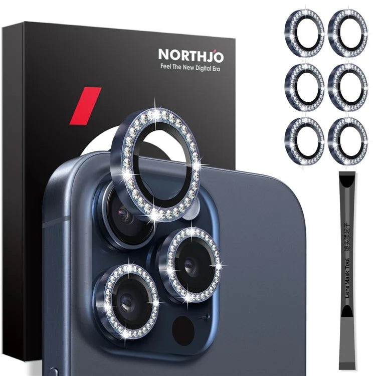 NORTHJO 2 Sets for iPhone 15 Pro / 15 Pro Max / 14 Pro / 14 Pro Max Lens Protector Rhinestone Ring Tempered Glass Lens Film