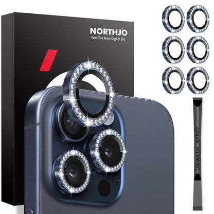 NORTHJO 2 Sets for iPhone 15 Pro / 15 Pro Max / 14 Pro / 14 Pro Max Lens Protector Rhinestone Ring Tempered Glass Lens Film