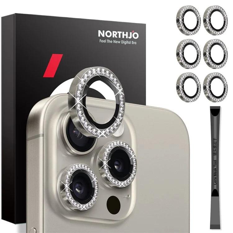 NORTHJO 2 Sets for iPhone 15 Pro / 15 Pro Max / 14 Pro / 14 Pro Max Lens Protector Rhinestone Ring Tempered Glass Lens Film