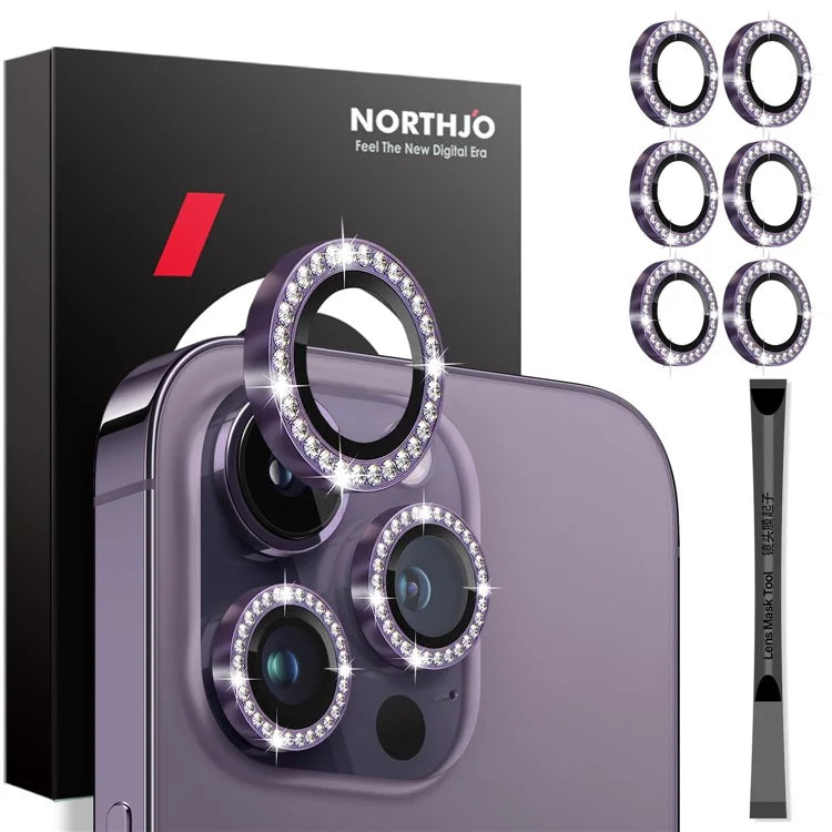NORTHJO 2 Sets for iPhone 15 Pro / 15 Pro Max / 14 Pro / 14 Pro Max Lens Protector Rhinestone Ring Tempered Glass Lens Film