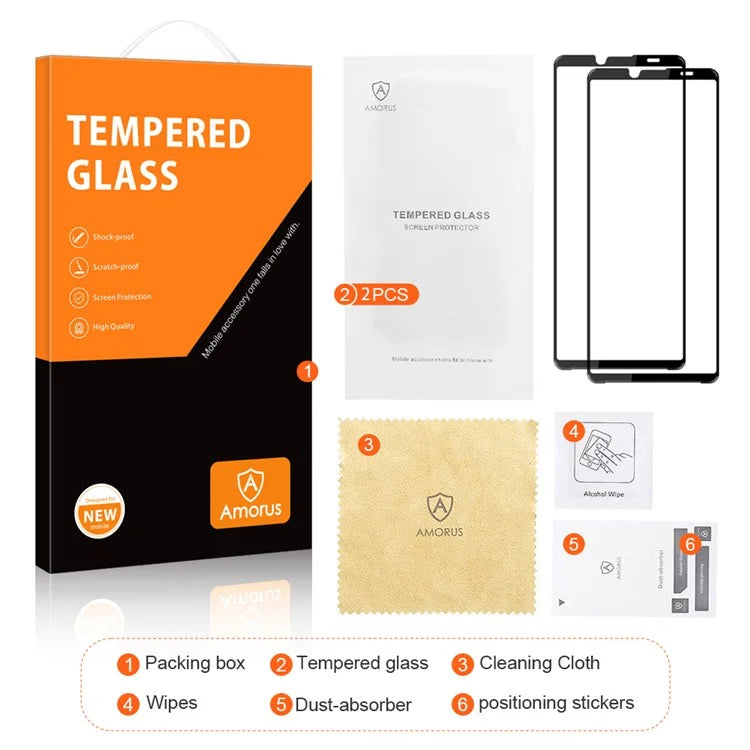 AMORUS 2Pcs For Sony Xperia 10 VI Screen Protector Tempered Glass Film Full-Coverage, Silk Printing