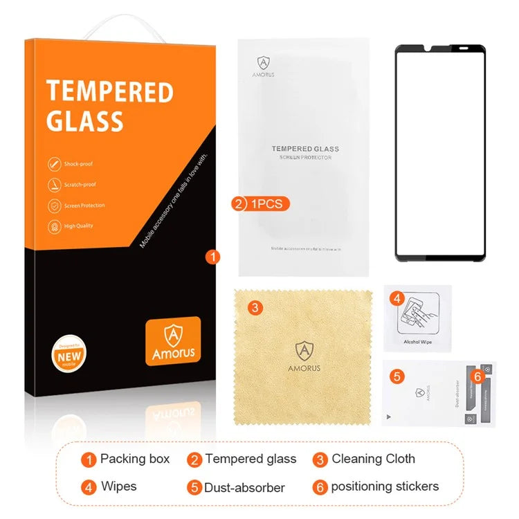 AMORUS For Sony Xperia 10 VI Tempered Glass Screen Protector Full Glue Silk Printing Edge, Black