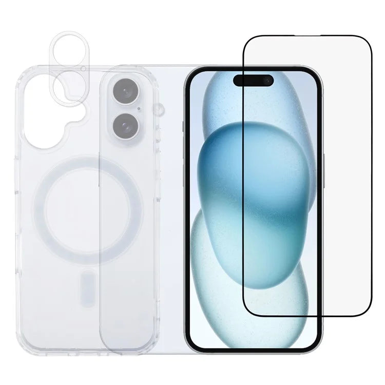 For iPhone 16 Plus TPU+Acrylic Phone Case with Silk Printing Tempered Glass Screen Film+Clear Lens Film