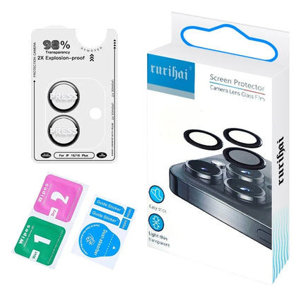 RURIHAI For iPhone 16 / 16 Plus Camera Lens Film Titanium Alloy Ring+Tempered Glass Lens Protector