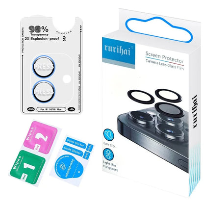 RURIHAI For iPhone 16 / 16 Plus Camera Lens Film Titanium Alloy Ring+Tempered Glass Lens Protector