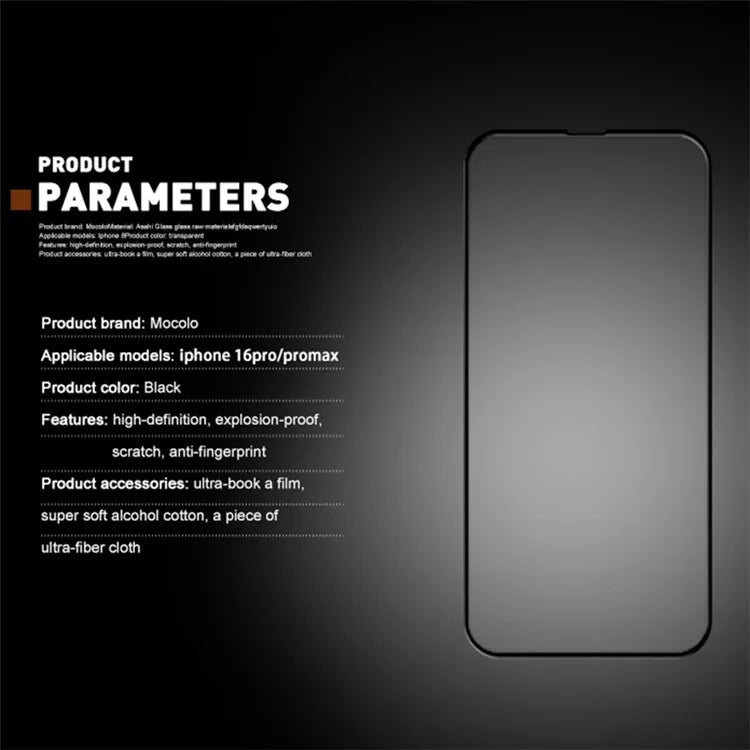 MOCOLO For iPhone 16 Pro Max Screen Protector Silk Printing Full Coverage Tempered Glass Film - Black